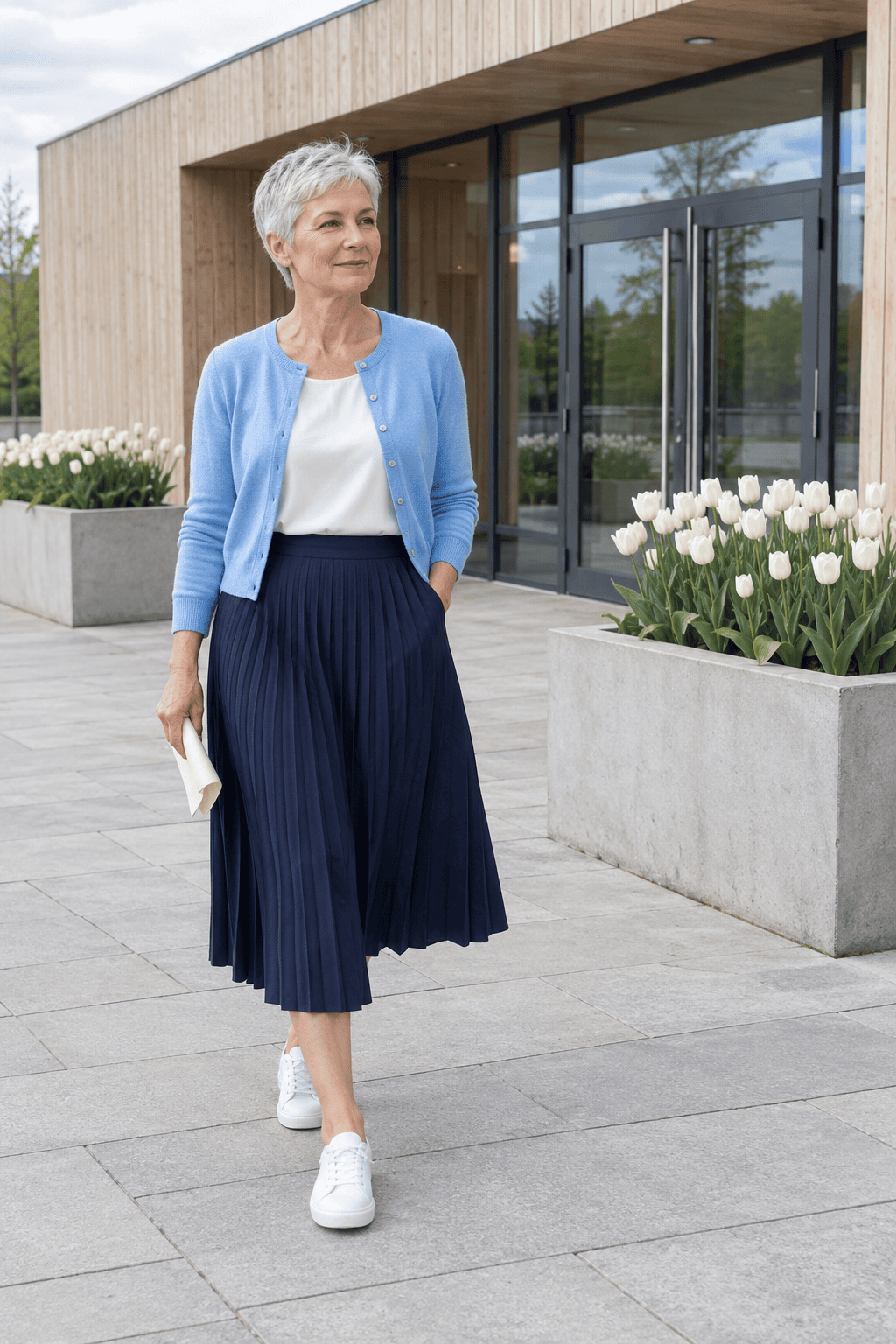 spring outfit for women over 60: sky blue cropped cotton cardigan over a white blouse with a navy pleated mid-calf skirt and white canvas sneakers