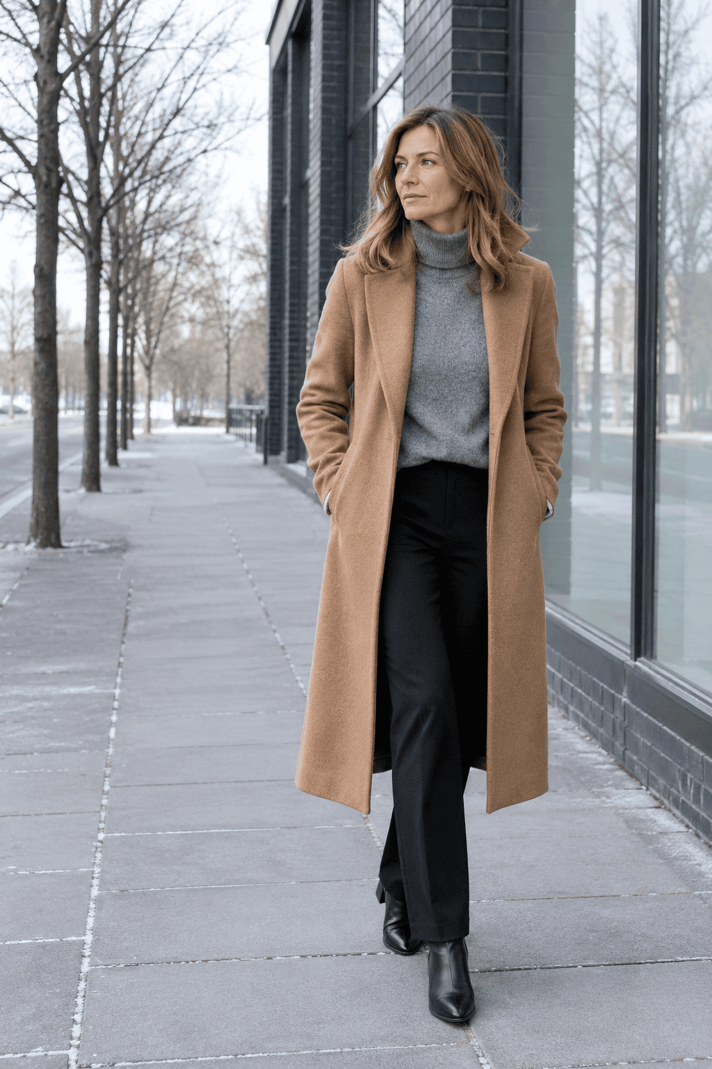 elegant winter outfit for women over 50: long camel coat worn open over a grey cashmere turtleneck, black straight ponte trousers and black ankle boots