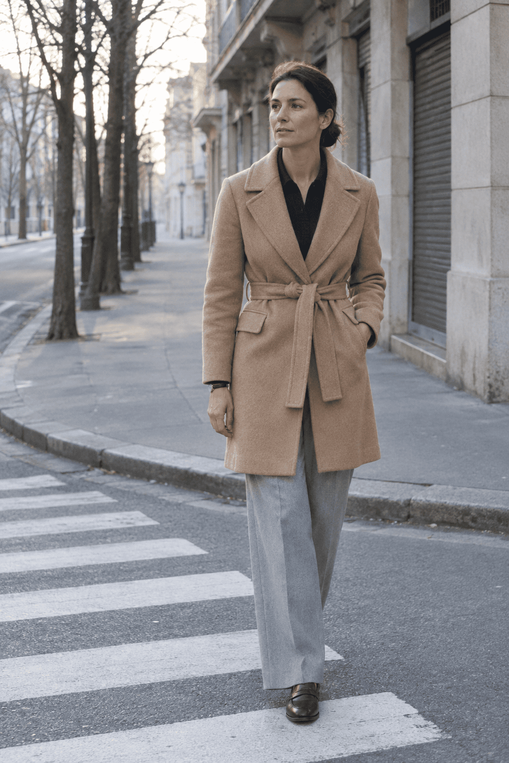 italian winter style for women: light camel cashmere wrap coat, navy cashmere polo sweater, light grey pleated wide-leg trousers and dark brown leather penny loafers