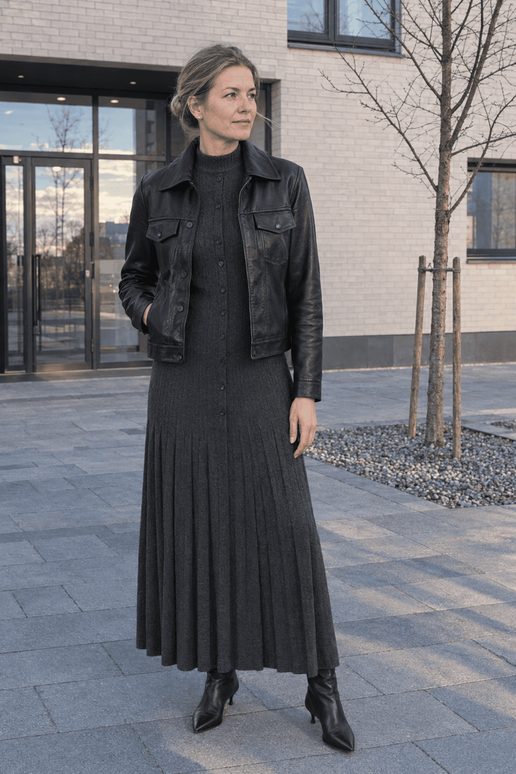 date night winter outfit for women over 40: black cropped leather jacket, charcoal ribbed ankle-length sweater dress with pleated skirt and black knee boots
