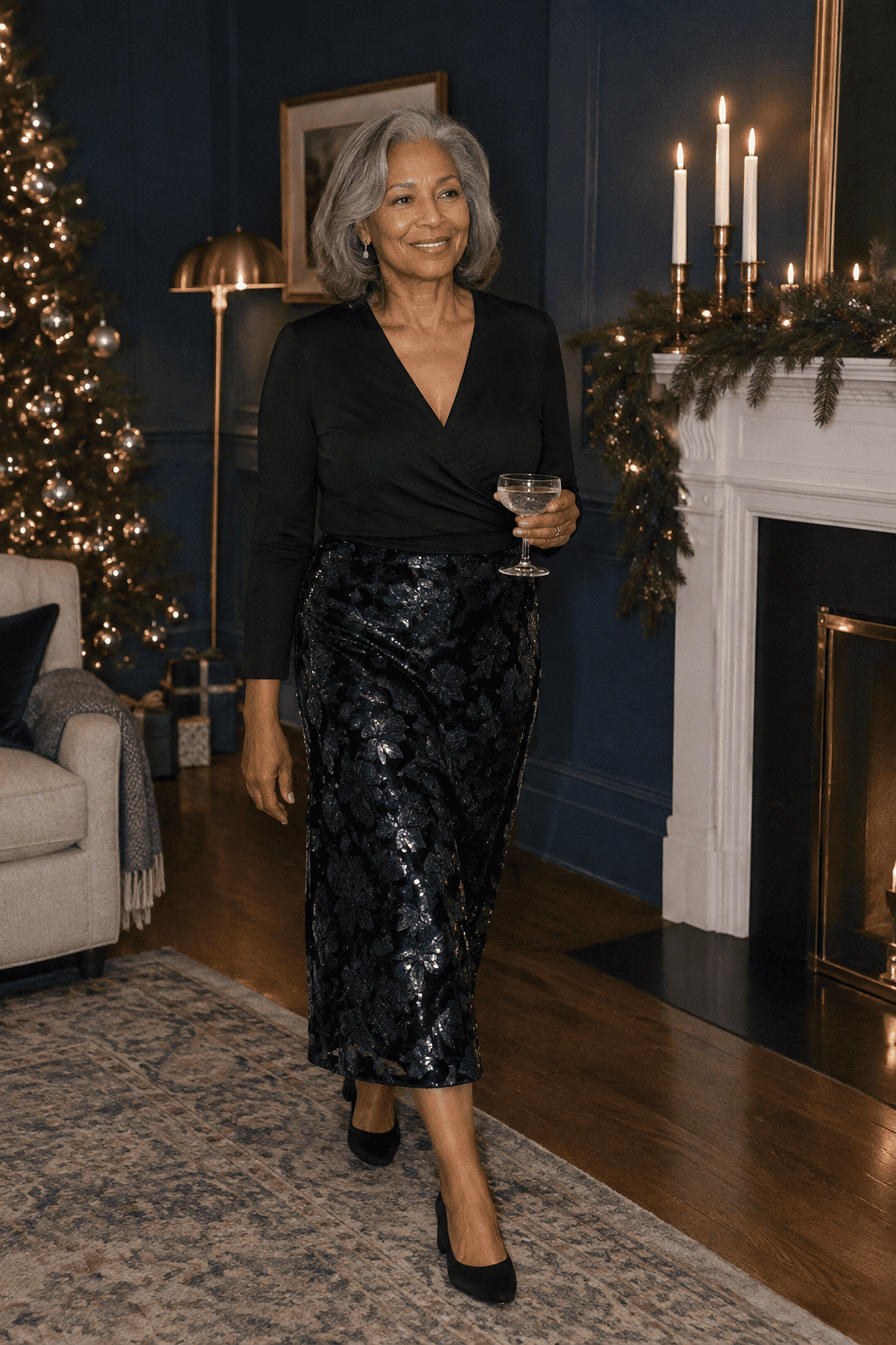 cocktail christmas party outfit for women over 60: midnight navy velvet midi skirt with tonal floral sequins and a black long-sleeve silk-jersey wrap top