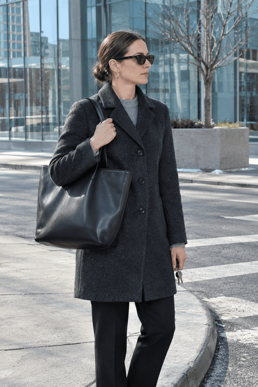 woman carrying a plain black leather bag with no logo, a capsule wardrobe bag that lasts