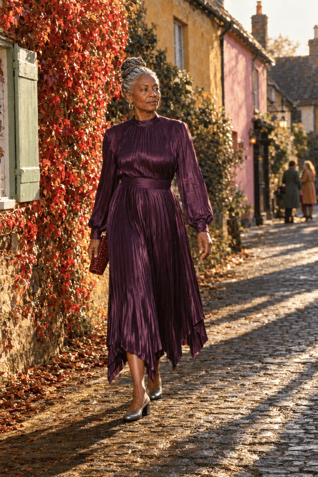elegant birthday dinner outfit for women in their 70s: deep plum pleated satin long-sleeve dress with handkerchief hem, pewter low block-heel pumps and burgundy woven clutch