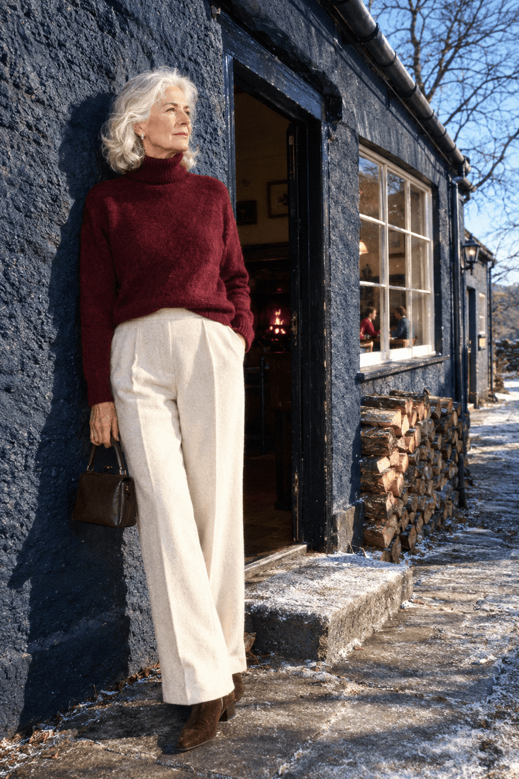 winter lunch outfit for women over 70: deep burgundy cashmere roll-neck sweater, winter-ivory wool-blend trousers, chocolate suede ankle boots and a chocolate top-handle bag