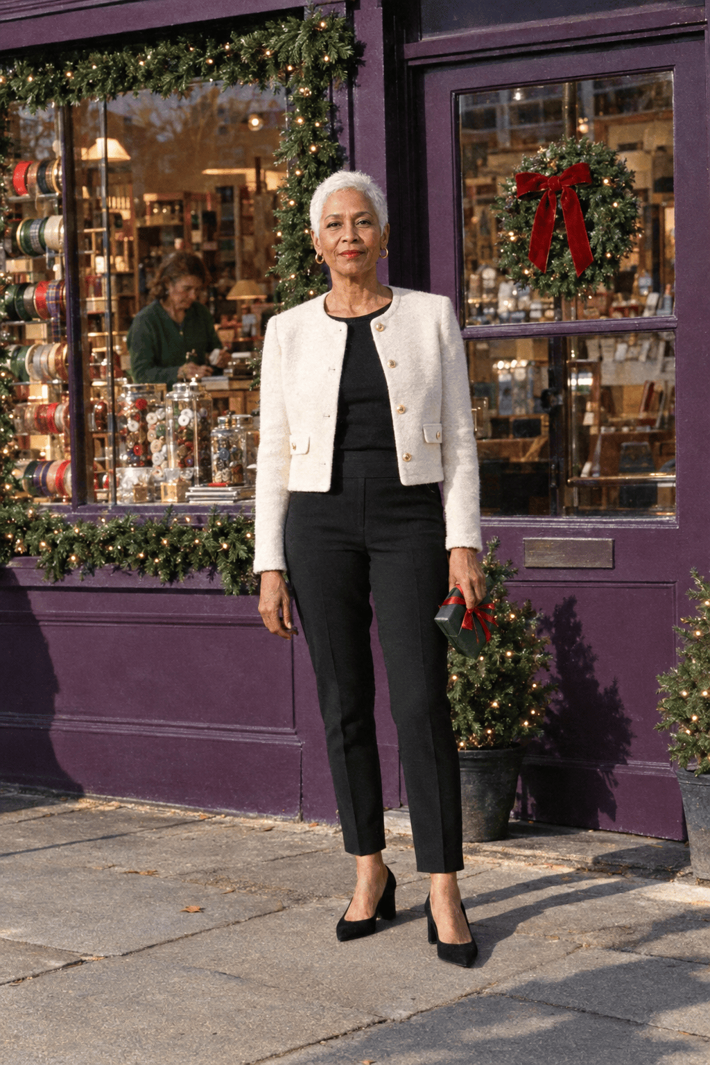 petite holiday party outfit for women in their 70s: pale bone cropped collarless jacket with gold buttons worn open over a black knit top, black ankle trousers and black suede pumps