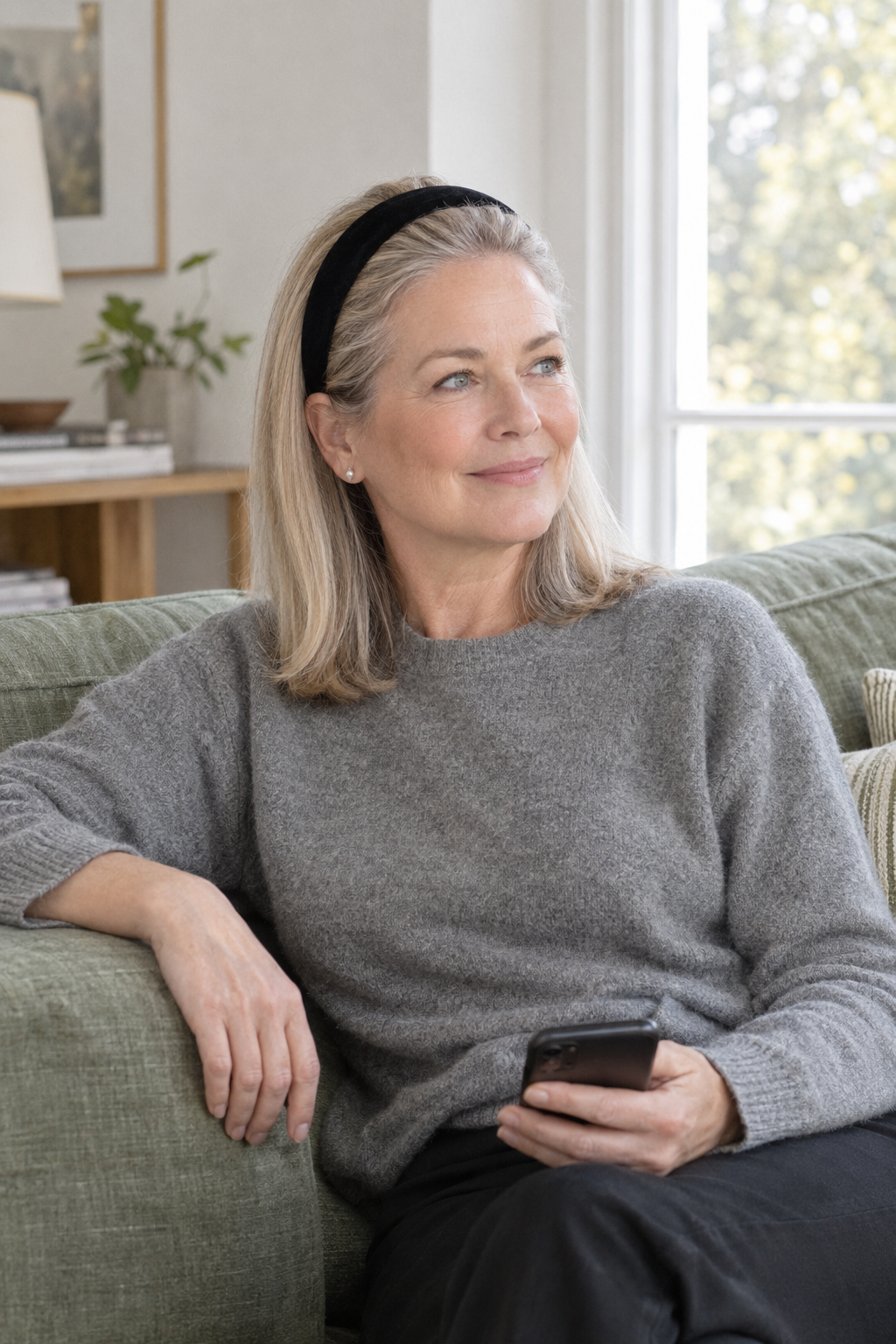hairstyles for women over 60: shoulder-length hair pushed back with a wide black velvet headband