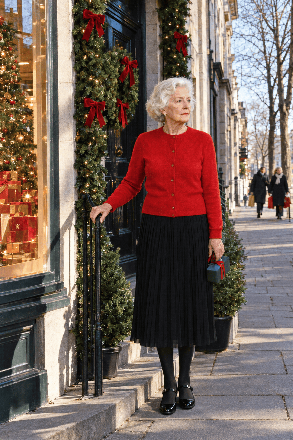 elegant holiday outfit for a woman in her 80s: poppy red cashmere cardigan buttoned as a top, black pleated chiffon midi skirt and black low block-heel Mary Janes