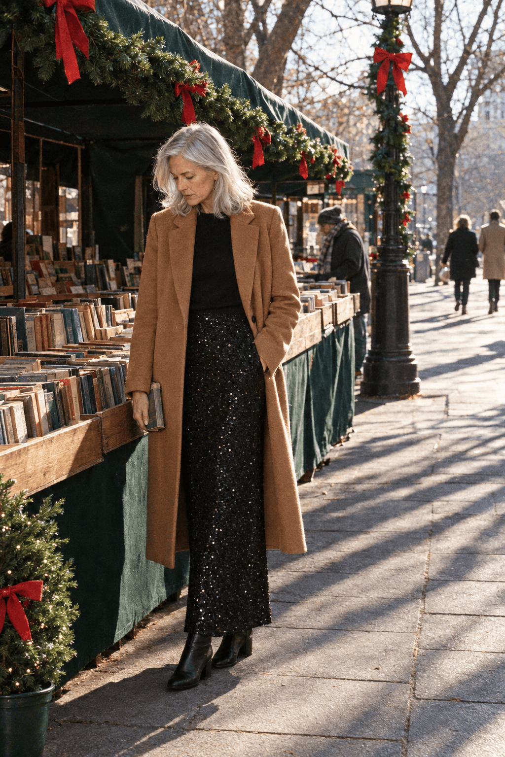 black sequin skirt outfit winter: black sequin maxi skirt under a long caramel wool coat with black leather ankle boots
