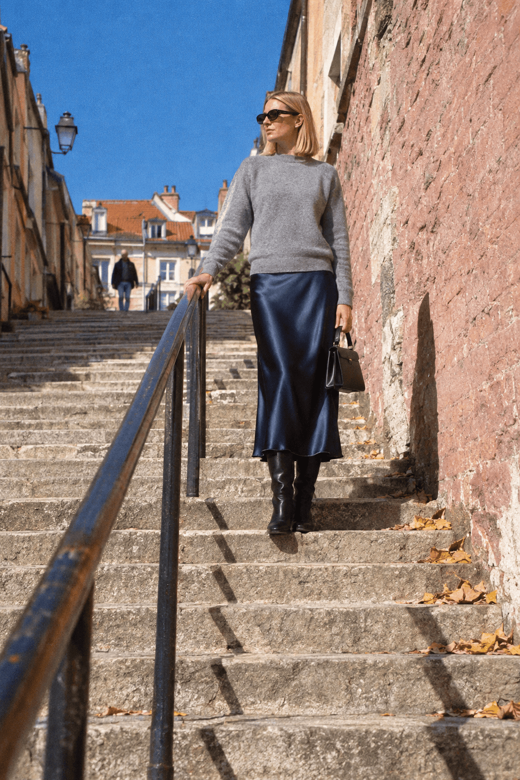 Affordable old money brands for women: Quince grey cashmere sweater and navy silk skirt