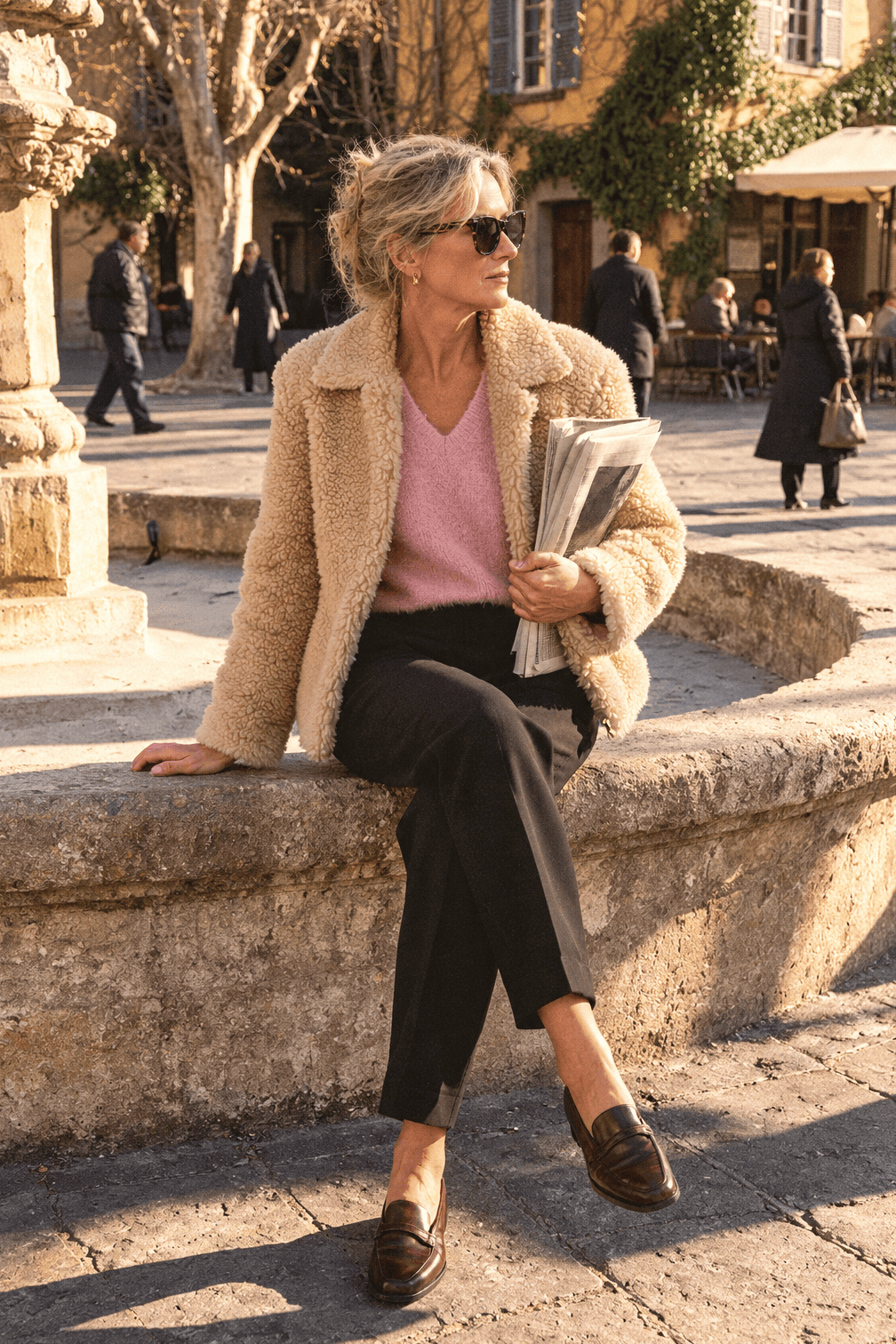 casual winter outfit: cropped beige faux shearling coat, blush pink cashmere V-neck, black pleated wool trousers and dark chocolate penny loafers