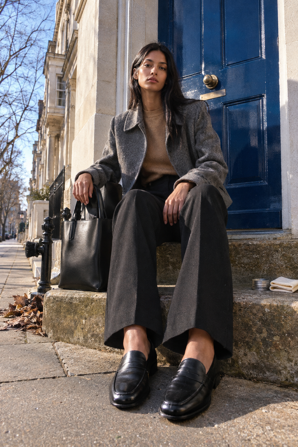 old money habit of leather care: polished black leather loafers, black wide-leg trousers and a black leather tote bag