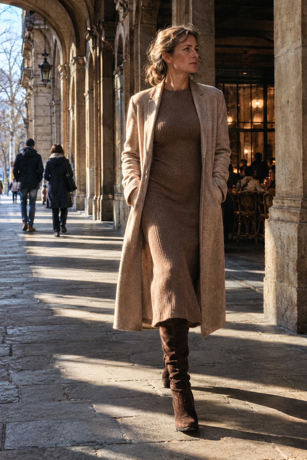 smart casual winter dinner outfit: mocha ribbed knit midi dress, dark brown suede flat knee boots and a long almond knit duster