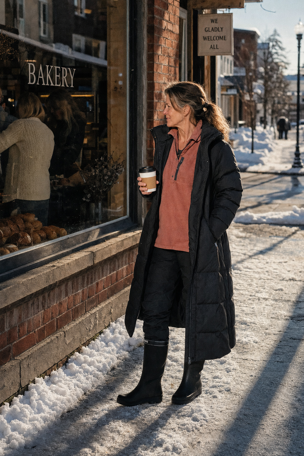 snow outfits for women: black seamless down long coat, clay heather fleece pullover, black waterproof snow pants and tall black Muck boots on a snowy village street