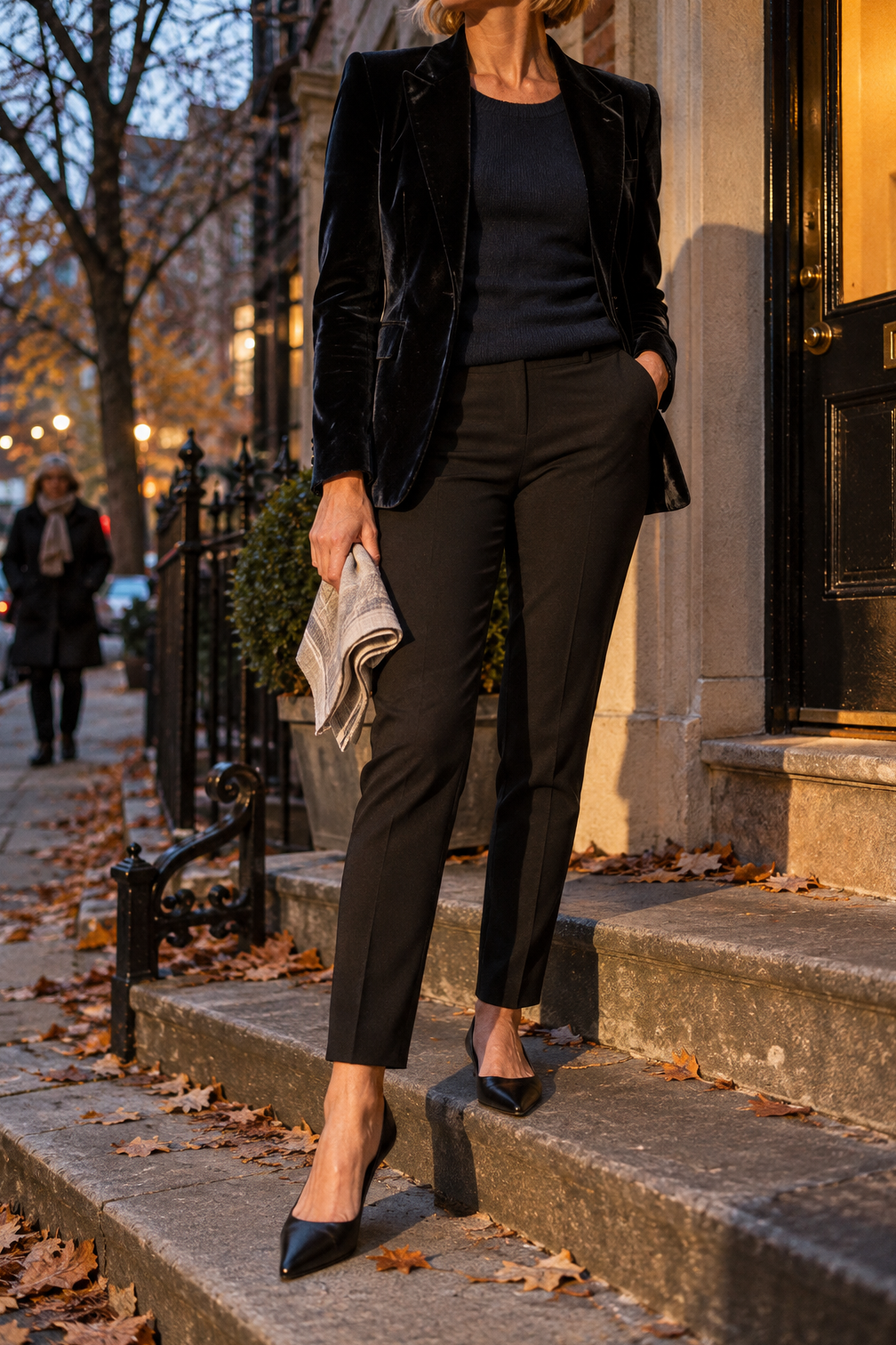 dinner party outfit ideas for hosting: black Italian velvet blazer over a midnight navy cashmere shell with slim black ponte trousers