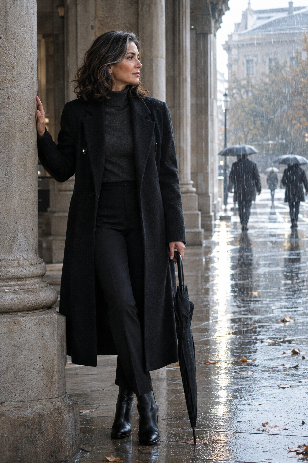 rainy day outfit for work presentation: long black belted coat, charcoal cashmere turtleneck, black slim trousers and waterproof ankle boots
