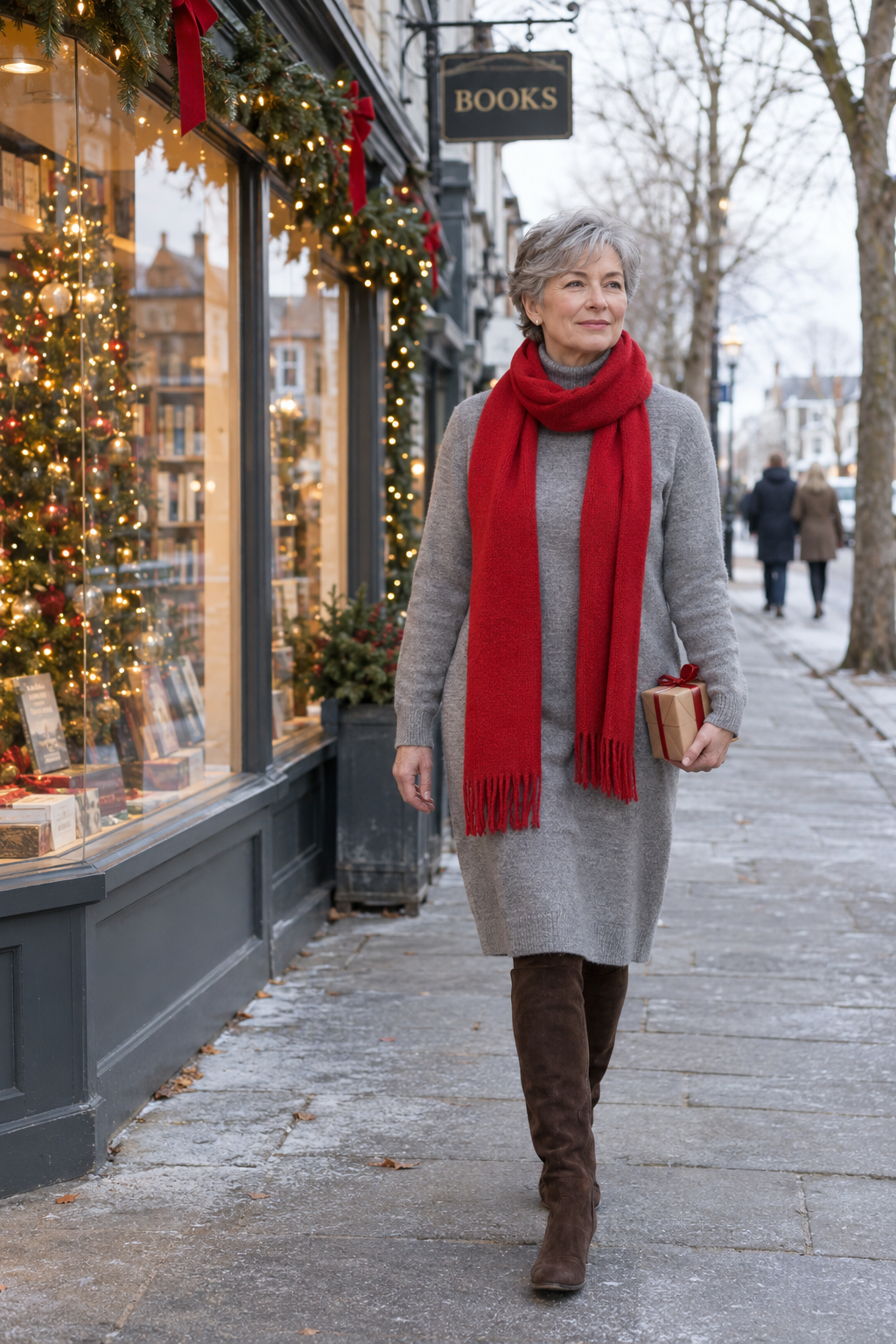 warm christmas visiting outfit for women over 60: heather grey cashmere turtleneck sweater dress, red cashmere scarf and dark brown suede knee boots