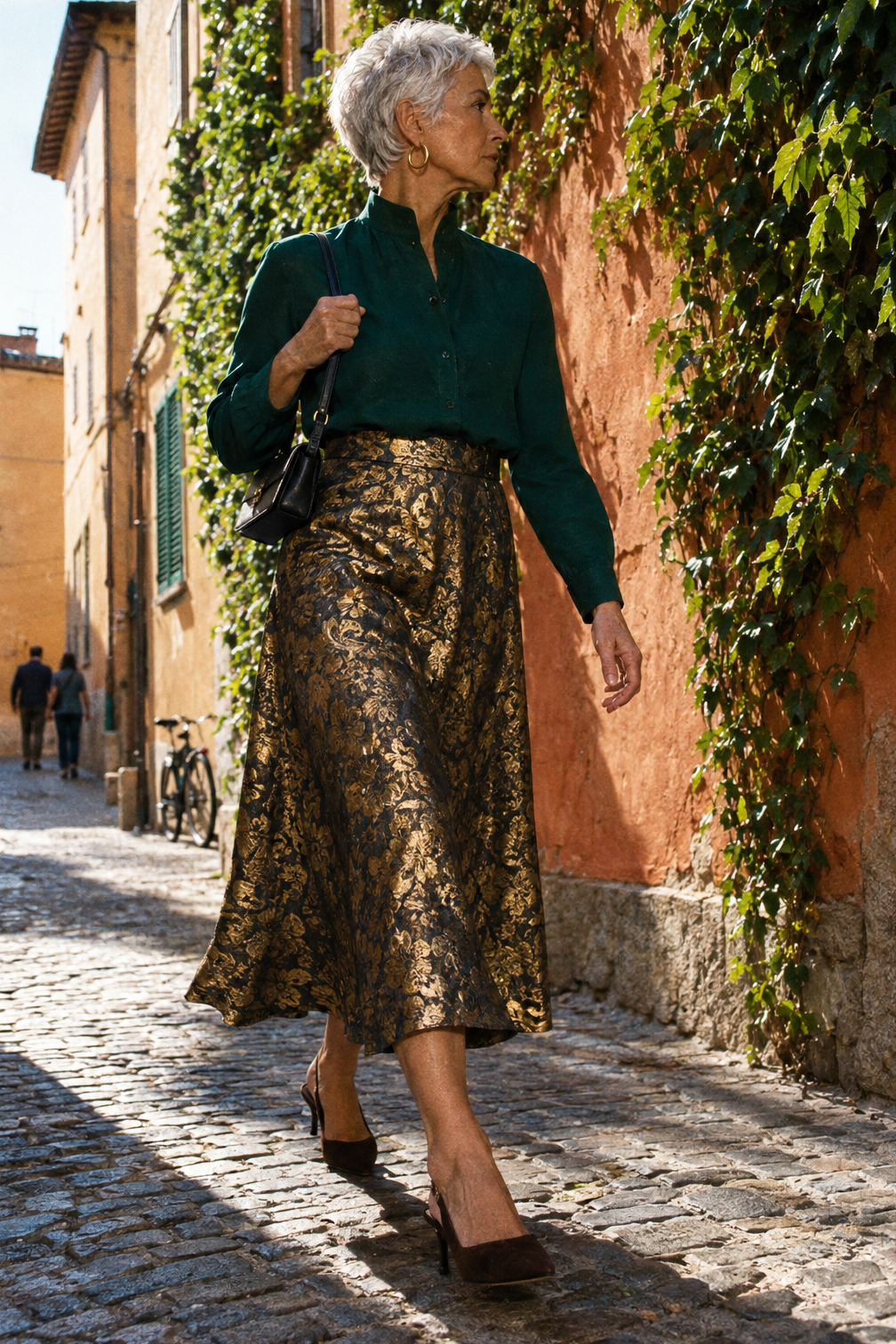 mother of the groom welcome dinner outfit over 60: emerald funnel neck blouse, gold and black metallic jacquard A-line skirt and brown suede slingbacks