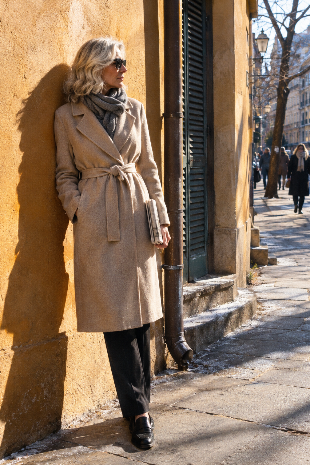 how to style black loafers in winter with black ponte trousers, an oat wrap coat and a grey cashmere scarf