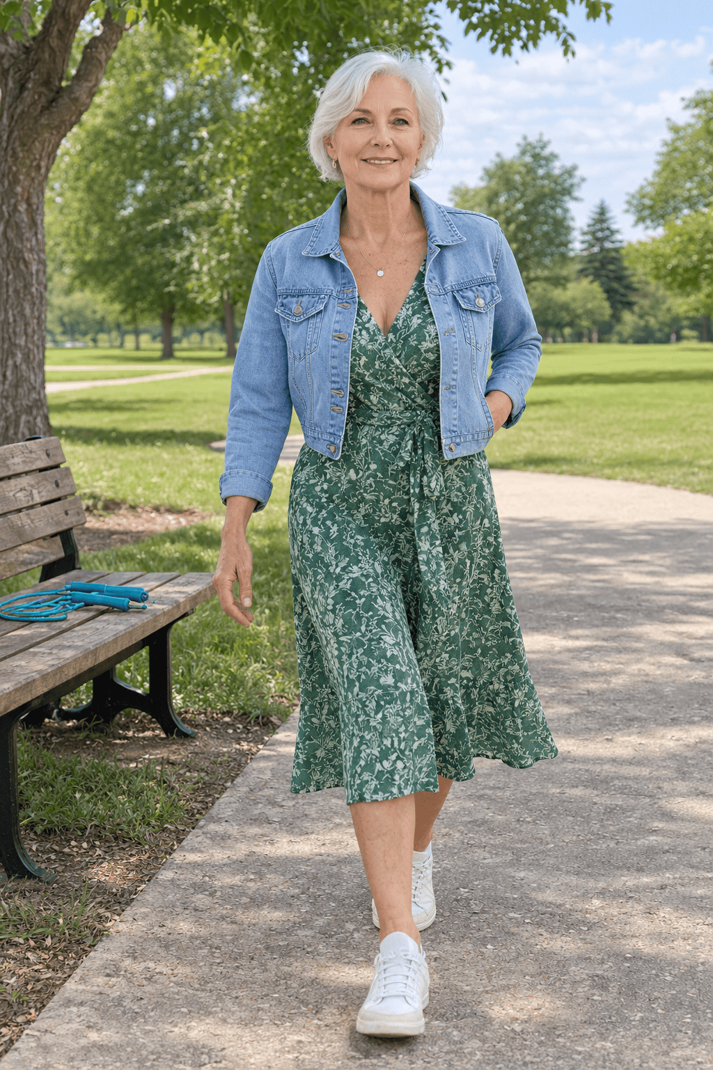 stylish spring outfit idea for older women: green printed wrap dress with a light-wash denim jacket and ivory sneakers