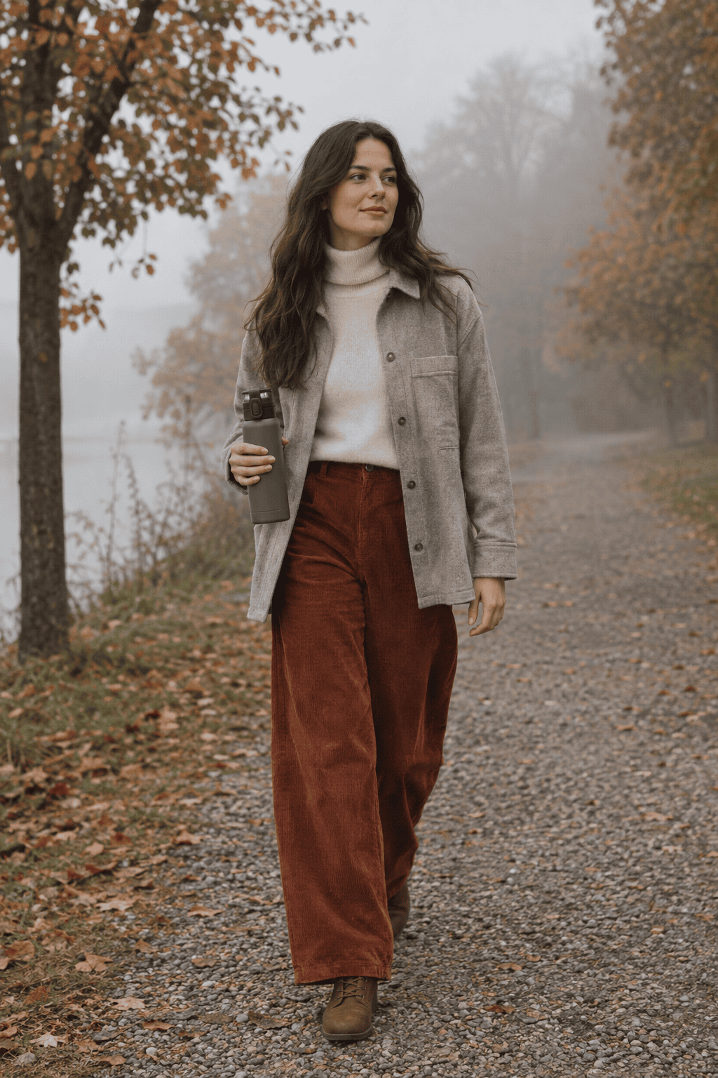cool-weather linen outfit: stone linen shacket over a cream turtleneck with rust corduroy trousers