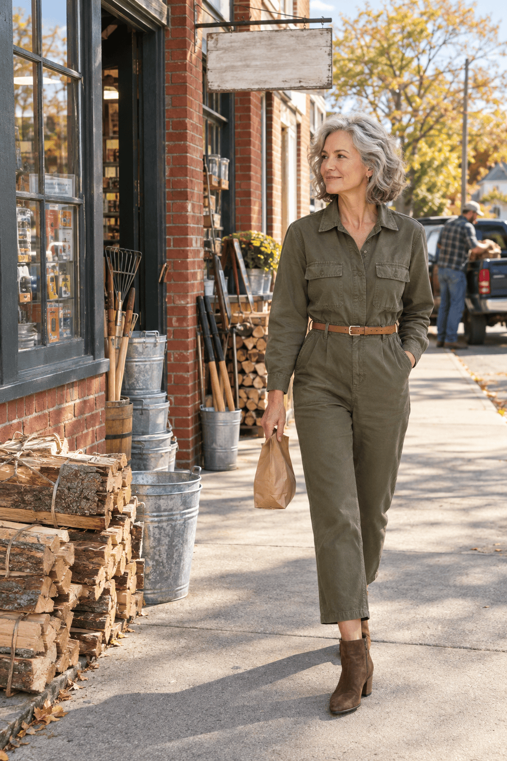 petite outfit for women over 60: olive utility jumpsuit cinched with a slim tan leather belt and chocolate suede ankle boots