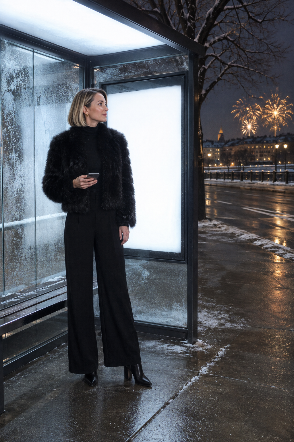 warm new years eve cocktail bar outfit: black long-sleeve turtleneck wide-leg jumpsuit with a cropped black faux-fur jacket and black block-heel ankle booties
