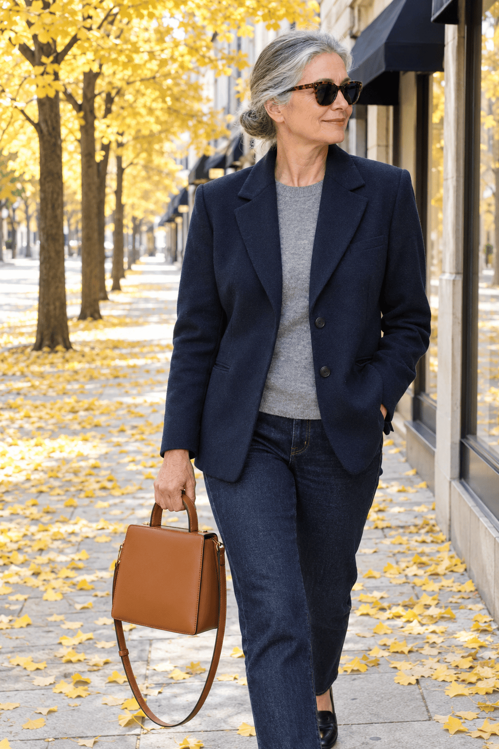 structured leather top-handle bag for women over 60 carried with a navy blazer and dark jeans