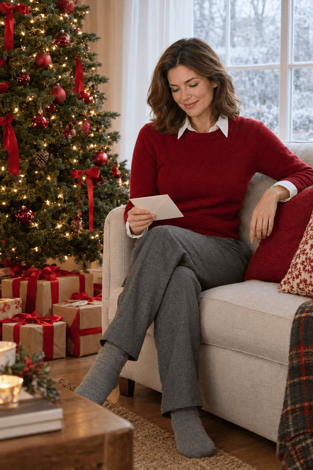 red sweater Christmas morning outfit: red cashmere crewneck layered over a crisp white poplin shirt with collar and cuffs showing, worn with heather grey wool flannel trousers