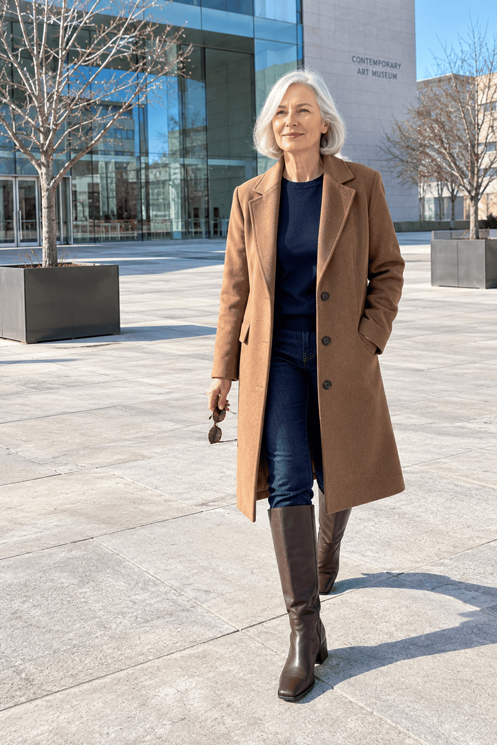 city day winter outfit for women over 60: camel wool coat over a navy cashmere crewneck, dark straight jeans and chocolate leather boots