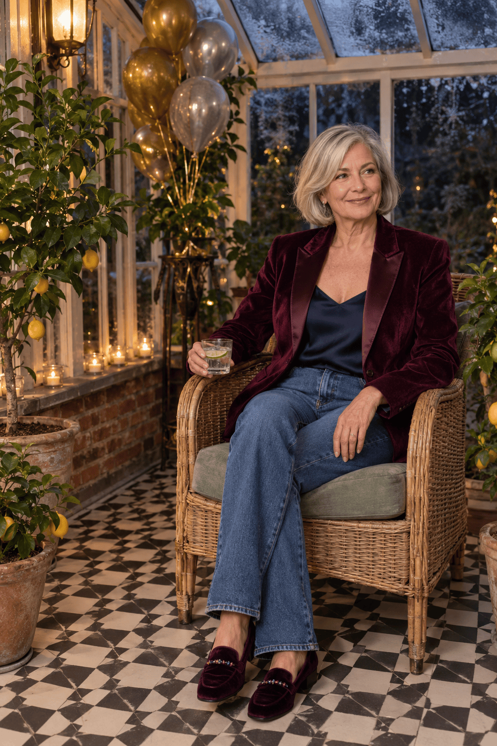 casual new years eve outfit for women over 60: burgundy velvet blazer over a navy silk camisole with mid-blue straight jeans and purple velvet jeweled loafers