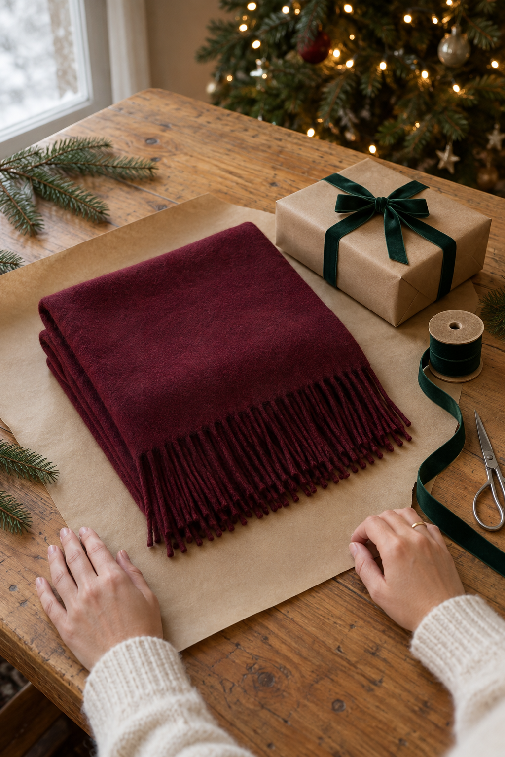 old money christmas traditions: a wrapped gift in plain brown paper tied with deep green velvet ribbon beside a folded burgundy cashmere scarf on a wooden table