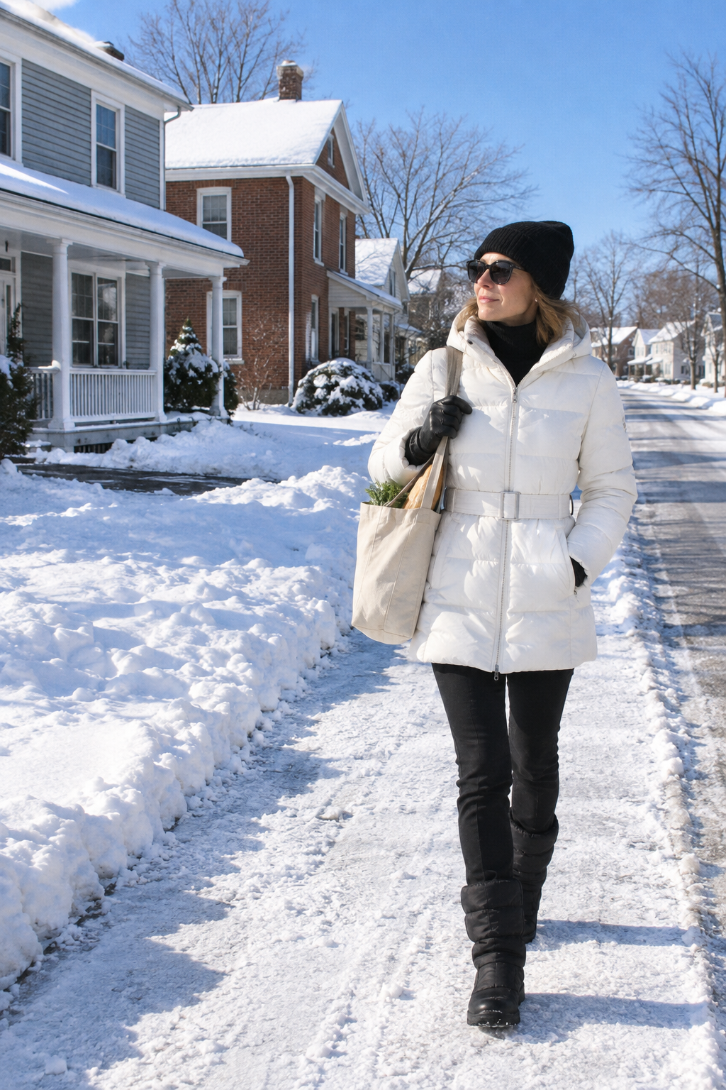 ski town winter outfit: white belted down ski parka with a black cashmere turtleneck, slim black trousers and black Moon Boots in a snowy village