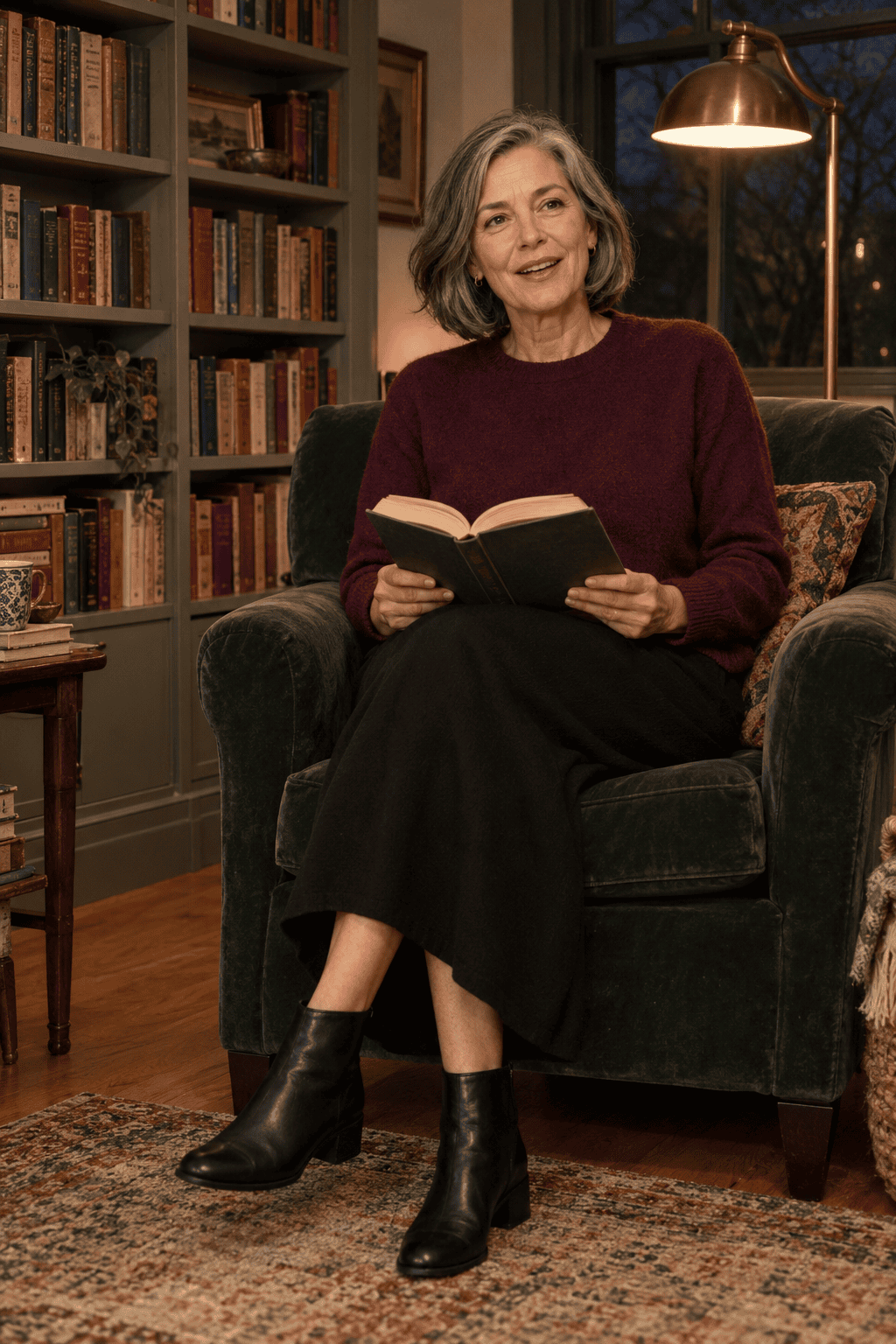 wine plum cashmere crewneck tucked into a black cashmere midi skirt with black leather ankle boots, a cozy book club outfit for women over 60