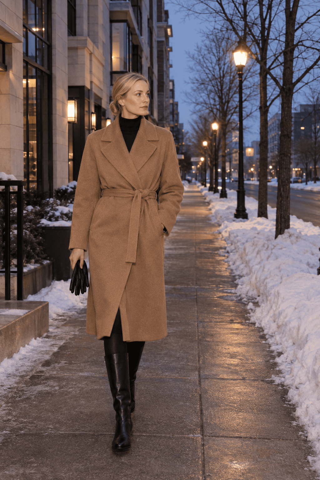 camel and black winter dinner outfit: belted camel wrap coat over a black turtleneck dress, black opaque tights and black leather knee boots