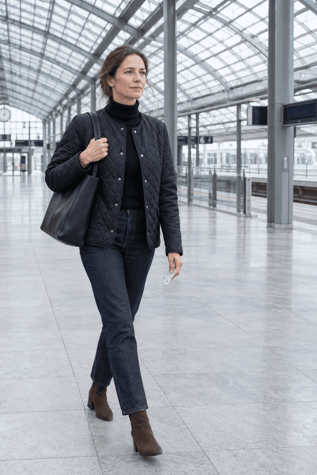 winter travel outfit: black quilted jacket, black turtleneck, dark straight jeans, chocolate suede ankle boots and black leather tote