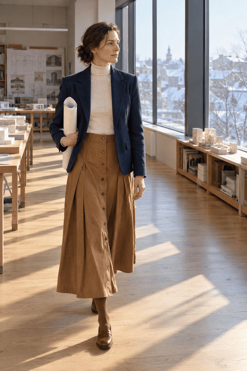 how to style a long skirt in winter for work: caramel-brown pleated maxi skirt with a hip-length navy wool blazer and cognac penny loafers