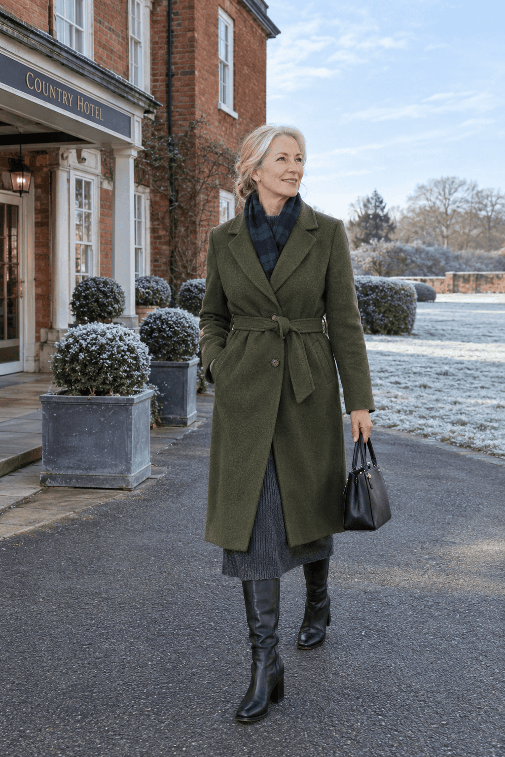 mother of the bride morning-after brunch winter outfit: charcoal ribbed knit long-sleeve midi dress, belted moss green wool coat and black leather block-heel knee boots