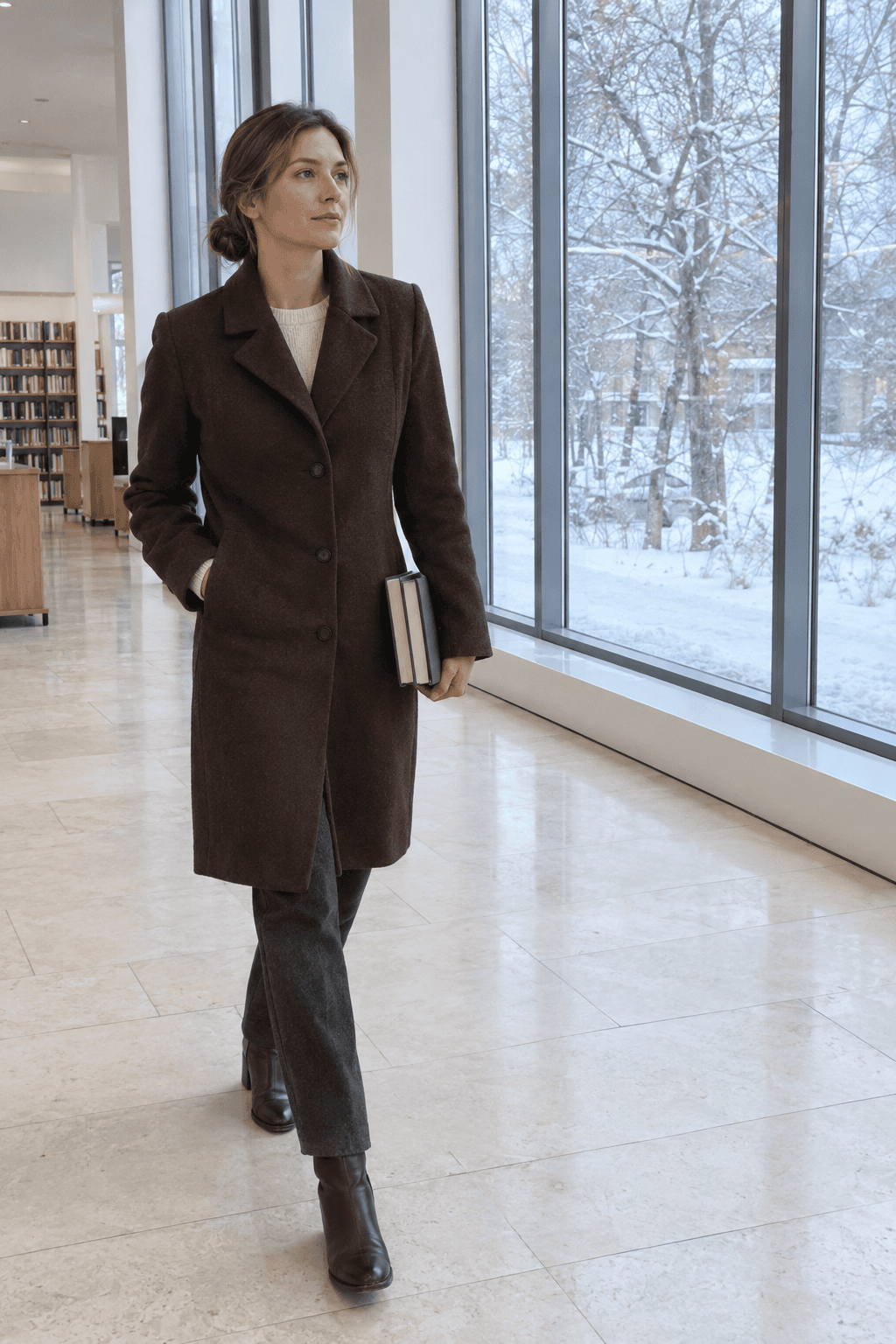 how to layer without bulk: woman in a well-fitted wool coat with room in the shoulders over a fine knit sweater