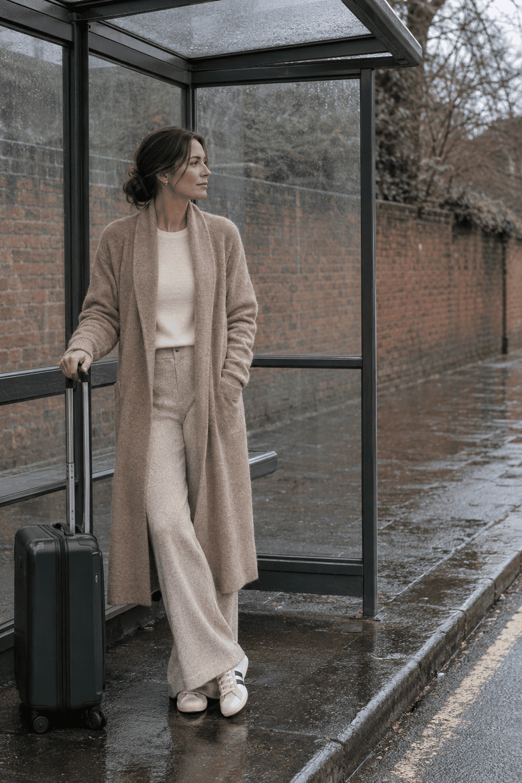 London winter outfit for airport arrival: long oatmeal cashmere duster cardigan, light beige knit wide-leg pants and pale leather sneakers