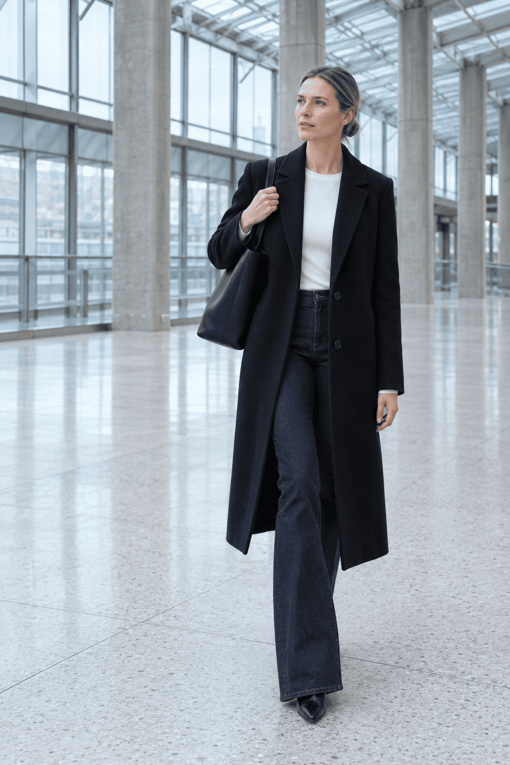 long black coat outfit for a winter travel day: tailored black coat worn open over a white top and dark indigo bootcut jeans with a black leather tote