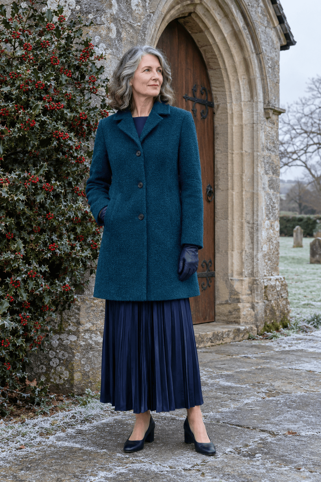 winter wedding guest outfit for women over 50: midnight navy long-sleeve dress with pleated satin skirt, deep teal wool coat and black leather block-heel pumps