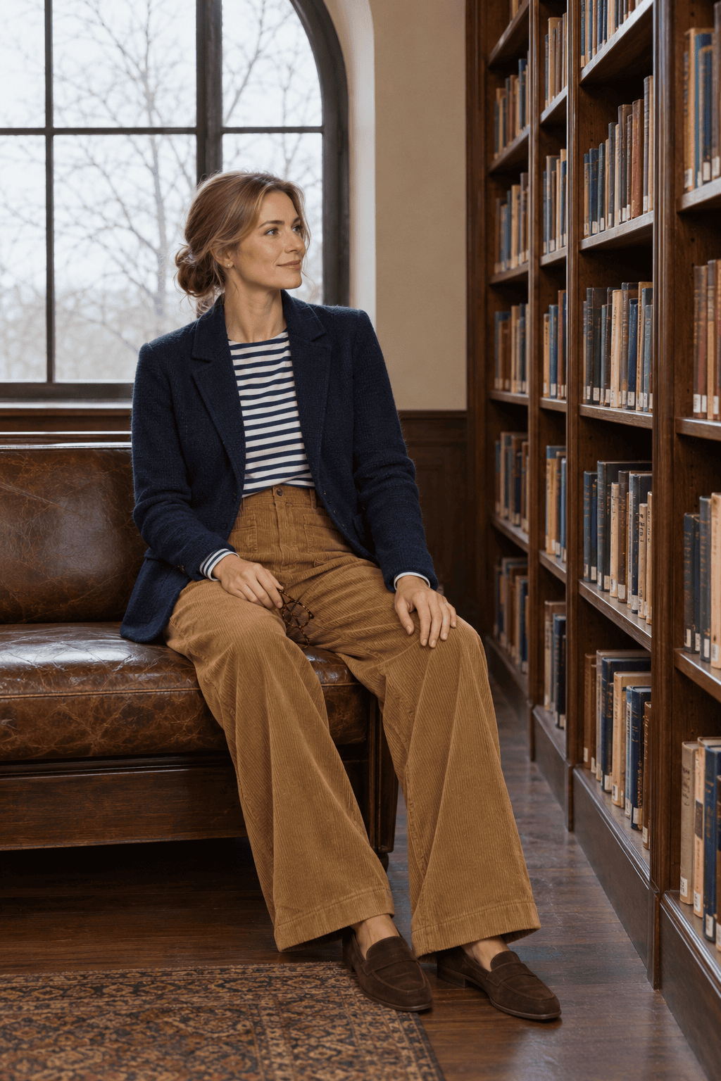 cute comfortable teacher outfit for cold weather: navy knit sweater-blazer, navy and cream Breton tee, golden camel wide-leg corduroys and dark brown suede loafers