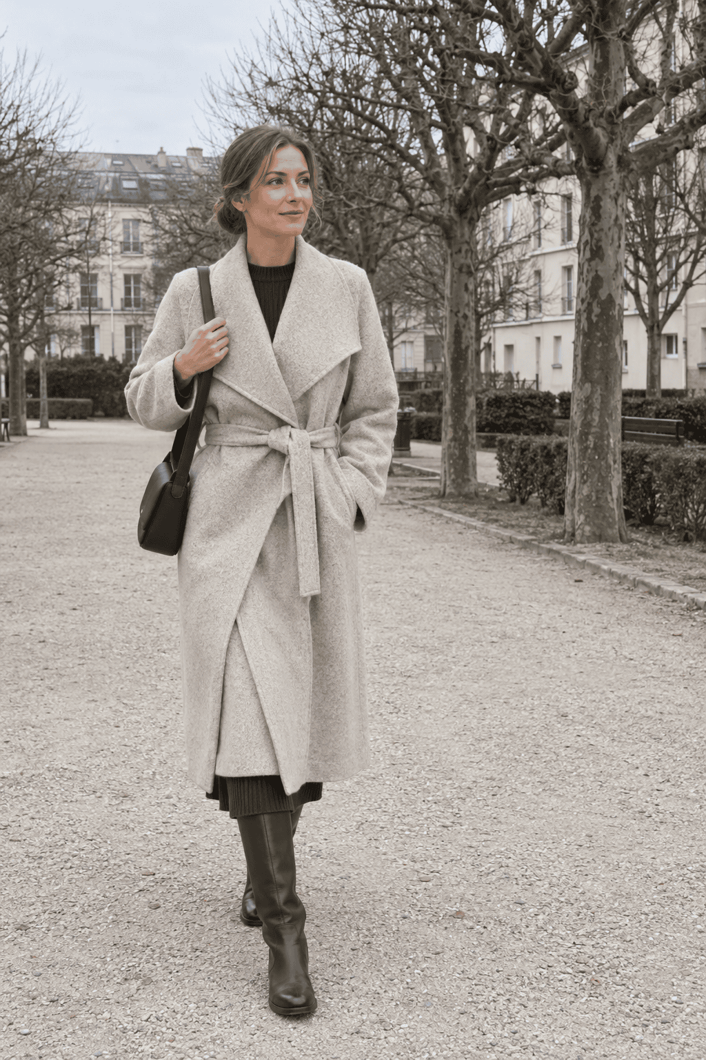 old money winter color combination oatmeal and chocolate: belted oatmeal wool wrap coat over a chocolate rib-knit midi dress with dark brown riding boots