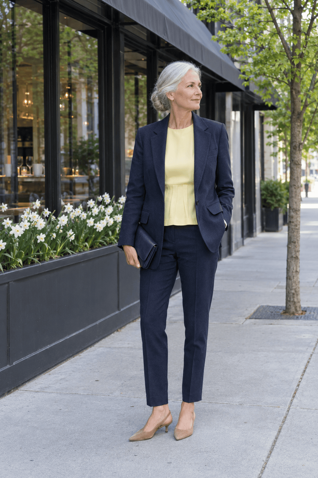 spring dinner outfit for women over 60: deep navy linen blazer over a butter yellow top with navy ankle-length trousers and tan suede kitten-heel slingbacks