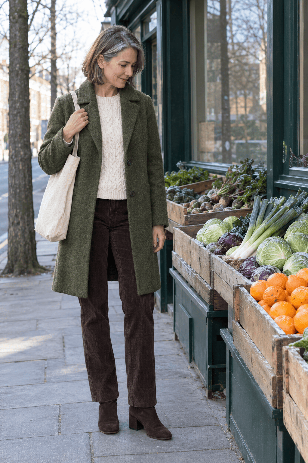 elegant winter outfit for women over 50: moss green wool coat over a cream cable knit sweater, chocolate corduroy straight trousers and chocolate ankle boots