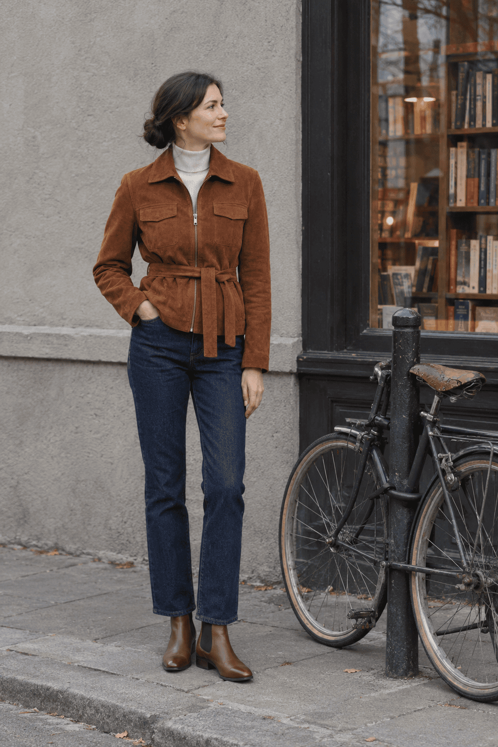 old money milan weekend outfit: rust-cognac belted suede-look jacket, ivory cashmere turtleneck, dark indigo straight jeans and mid brown leather chelsea boots