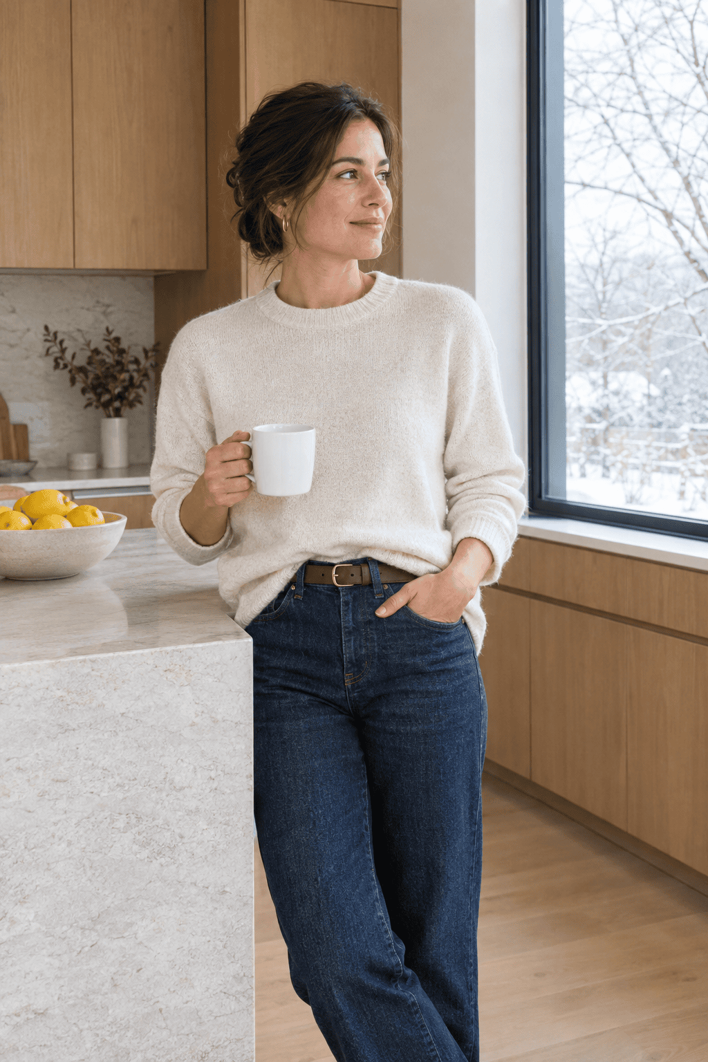 elegant winter outfits casual: woman with a cream sweater half-tucked into belted straight jeans in a living room