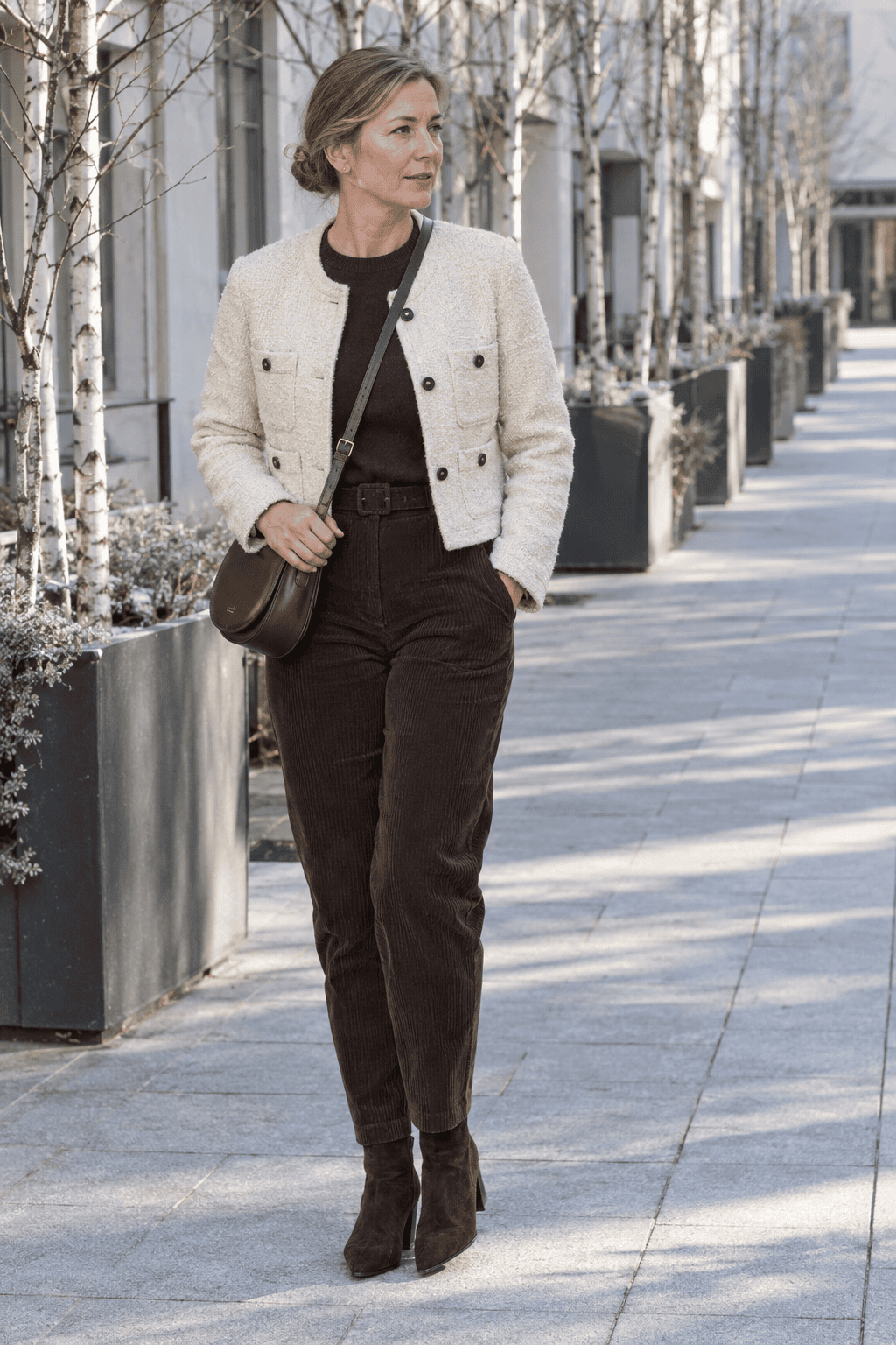 winter outfit for women over 40: cream bouclé knit jacket, chocolate merino crewneck, chocolate fine-wale corduroy barrel trousers and dark brown suede ankle boots