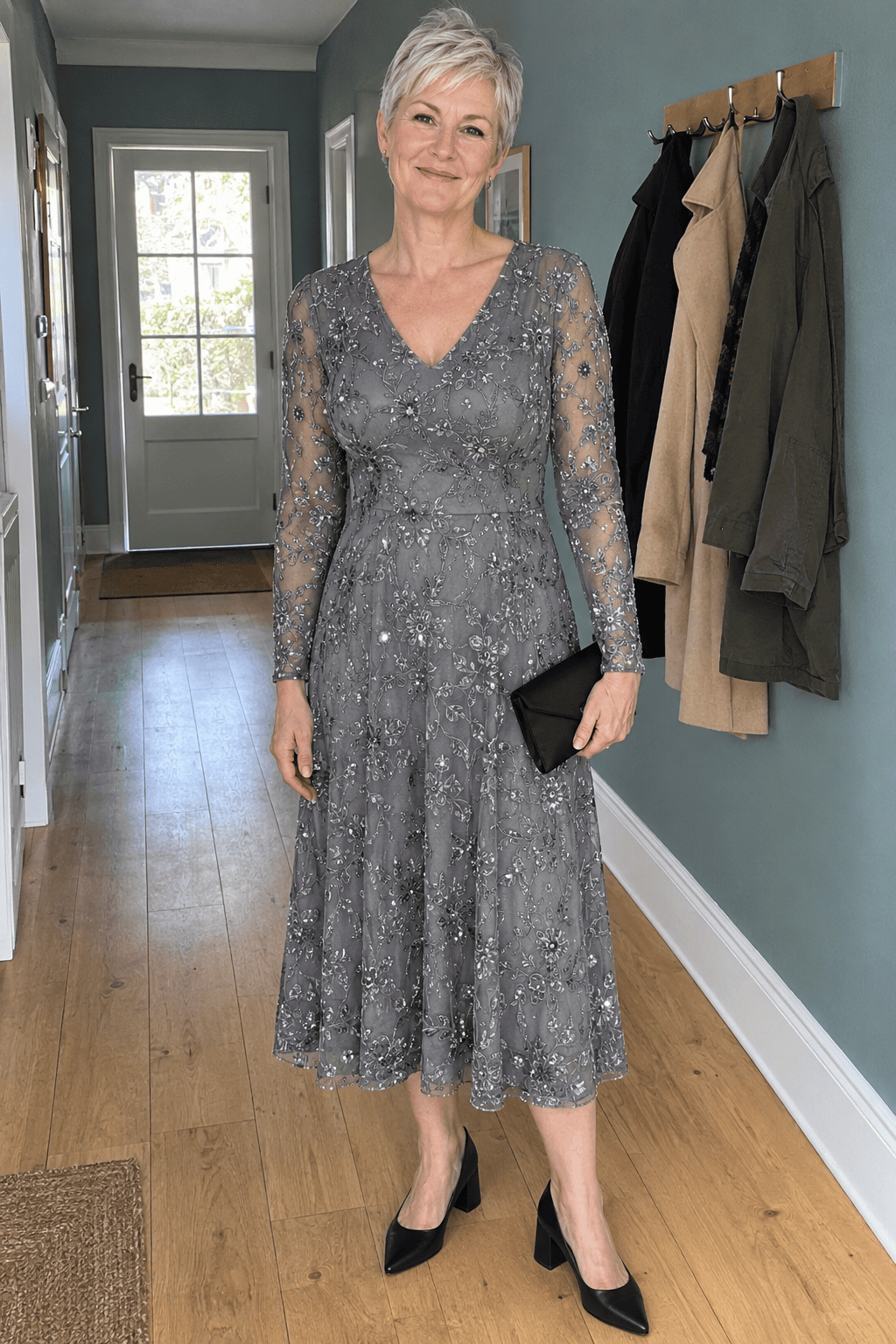 mother of the bride outfit in pewter gray: embroidered long-sleeve V-neck midi dress with black leather block-heel pumps and a black satin clutch