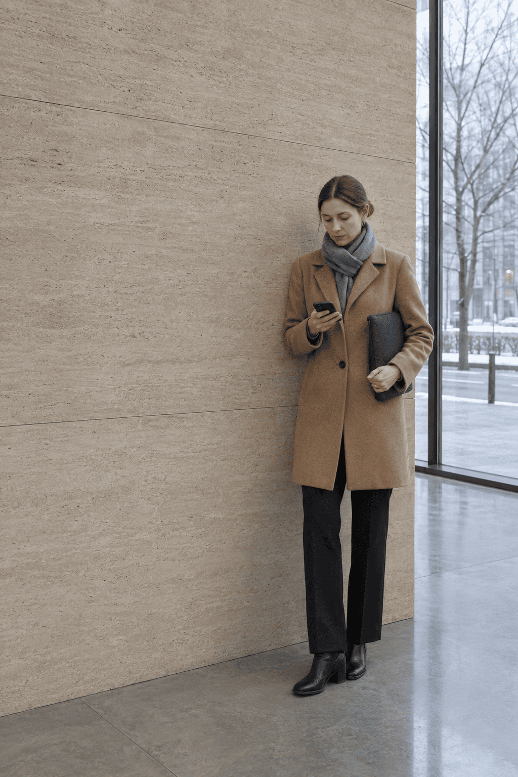 woman dressed for an ordinary weekday in simple neutral clothes, a realistic capsule wardrobe outfit